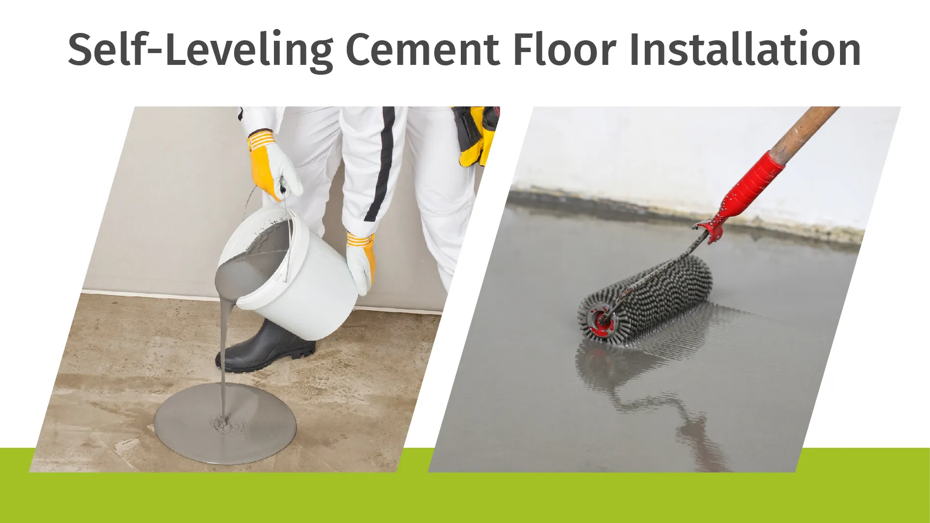 Self-leveling cement being poured and spread over a concrete floor