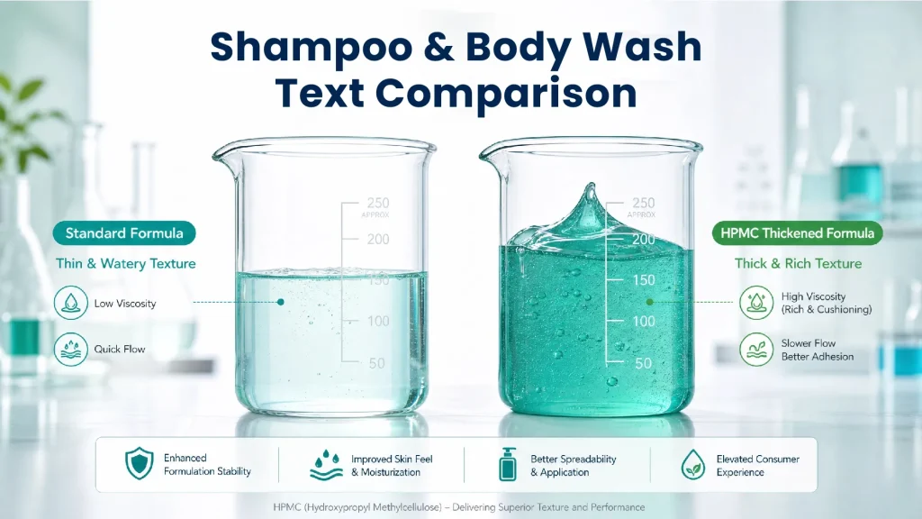 Shampoo and body wash samples showing viscosity improvement from HPMC