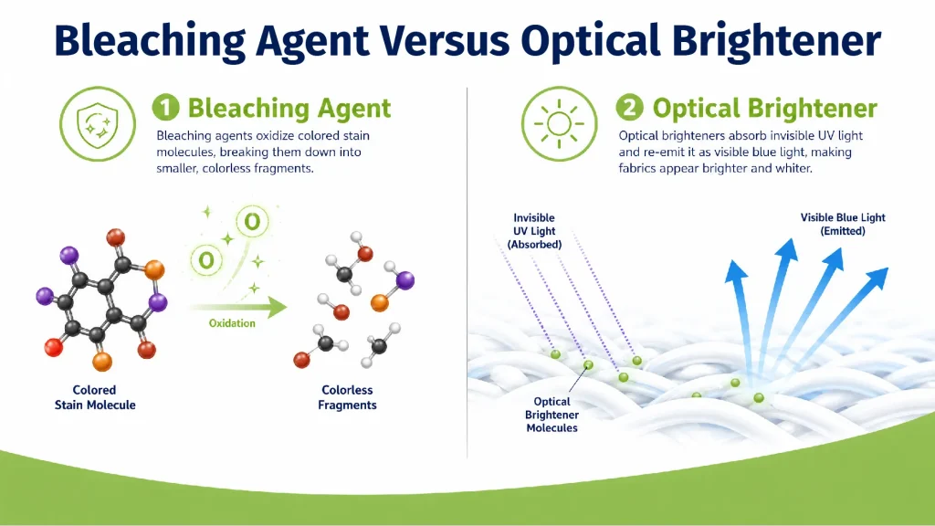 Difference between detergent bleach and fluorescent whitening agent