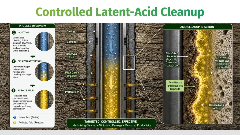 Latent acid completion fluid cleanup