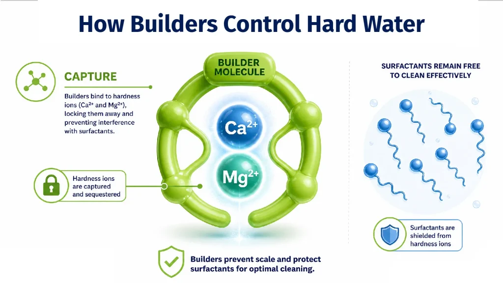 Detergent builders controlling calcium and magnesium ions in hard water