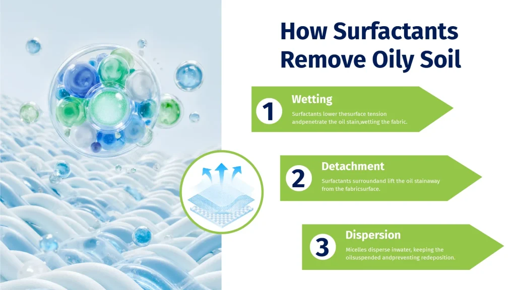Surfactant molecules removing and dispersing oily soil during washing