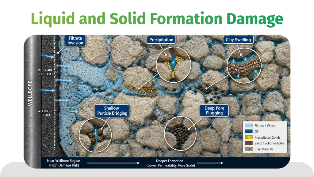 Completion fluid formation damage mechanisms