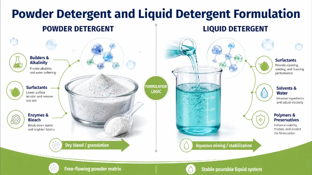 Comparison of powder detergent and liquid detergent ingredients