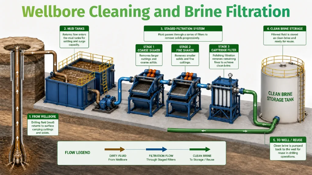 Wellbore cleaning and completion brine filtration