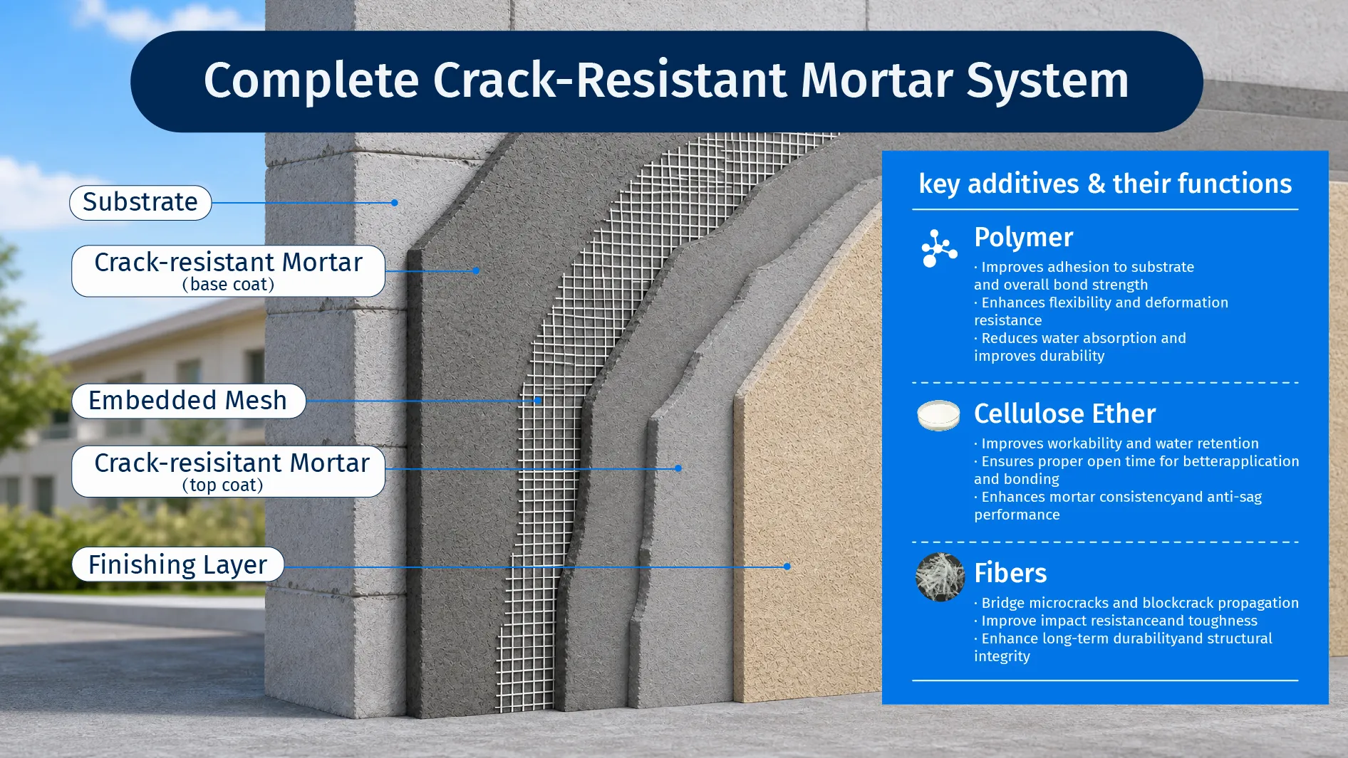 Components of a crack-resistant mortar system for exterior walls