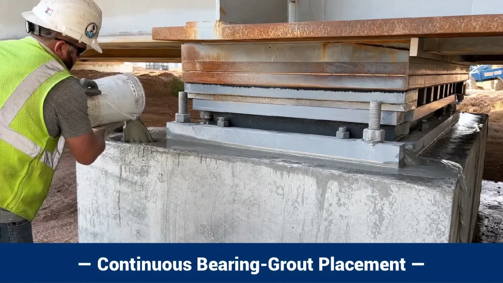 Continuous placement of cementitious grout beneath a bridge bearing