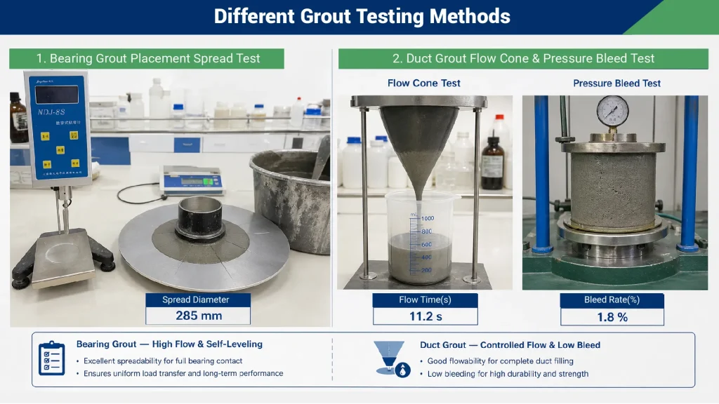 Laboratory testing of bearing grout flow and duct grout bleeding