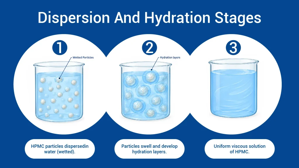 Illustration showing HPMC particle dispersion followed by hydration and viscosity development.