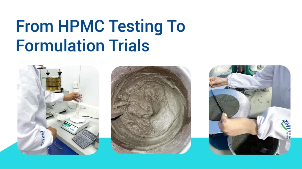 Zhiwei HPMC sample being evaluated in liquid and mortar formulations.