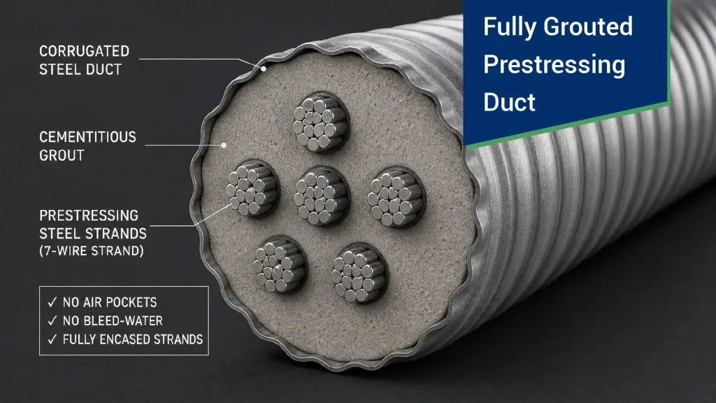Prestressing strands surrounded by duct grouting material