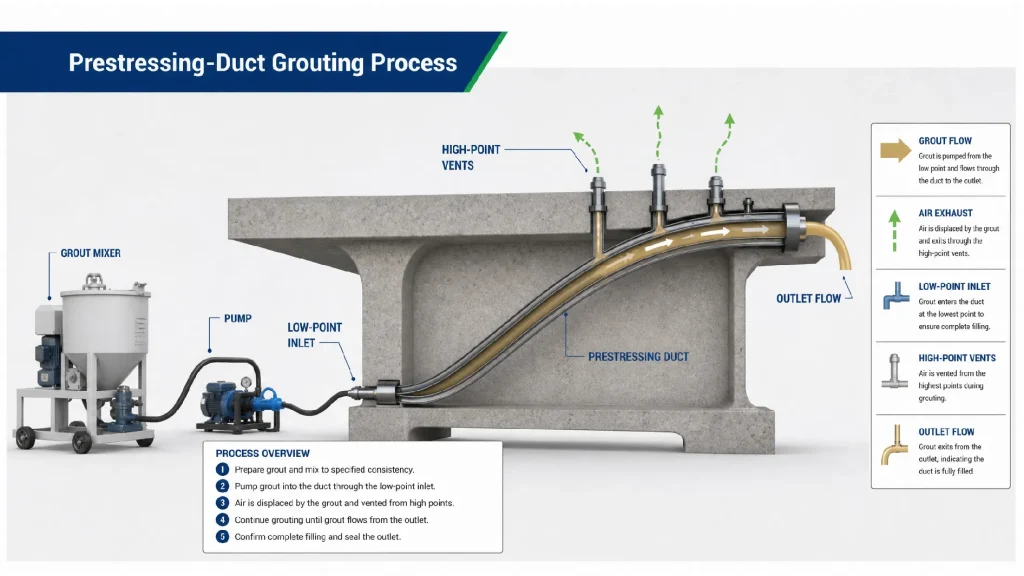 Pumping duct grout through a post-tensioning duct and vents