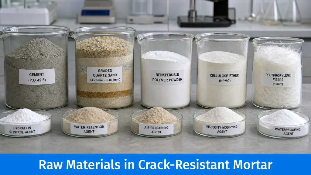 Raw materials used in a crack-resistant mortar formula