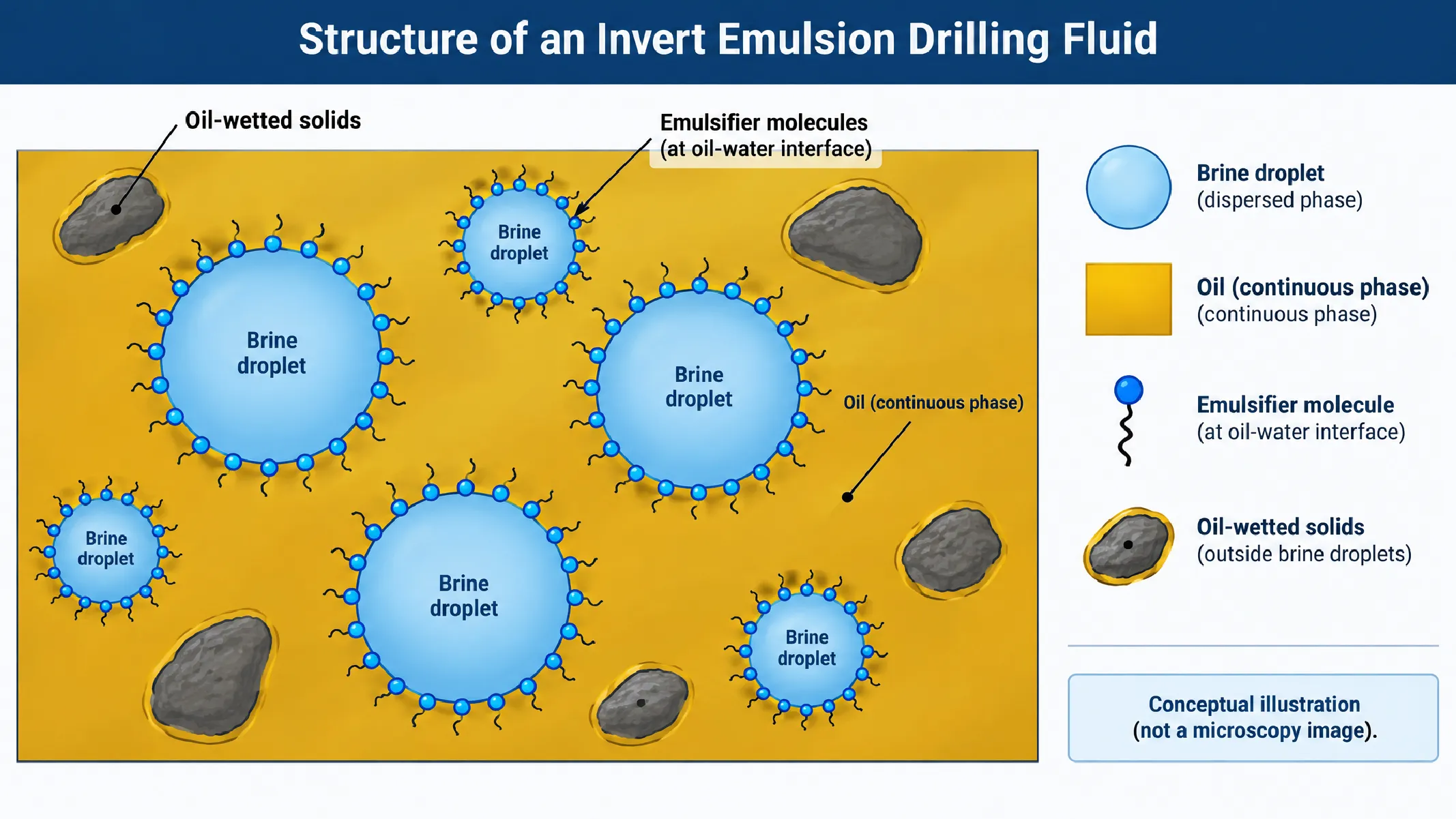 Brine droplets and oil-wetted solids within an oil-continuous drilling fluid.
