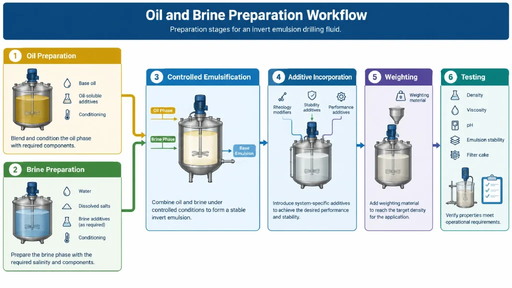 Preparation stages for an invert emulsion drilling fluid.