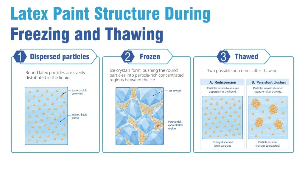 Schematic of latex paint particle redistribution during freezing and thawing.