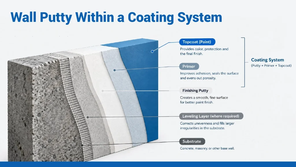 Example wall coating system showing putty between the prepared substrate and paint.
