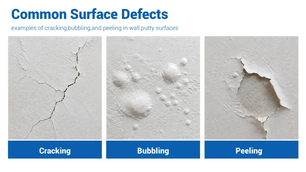 Examples of cracking, bubbling, and peeling in wall putty surfaces.