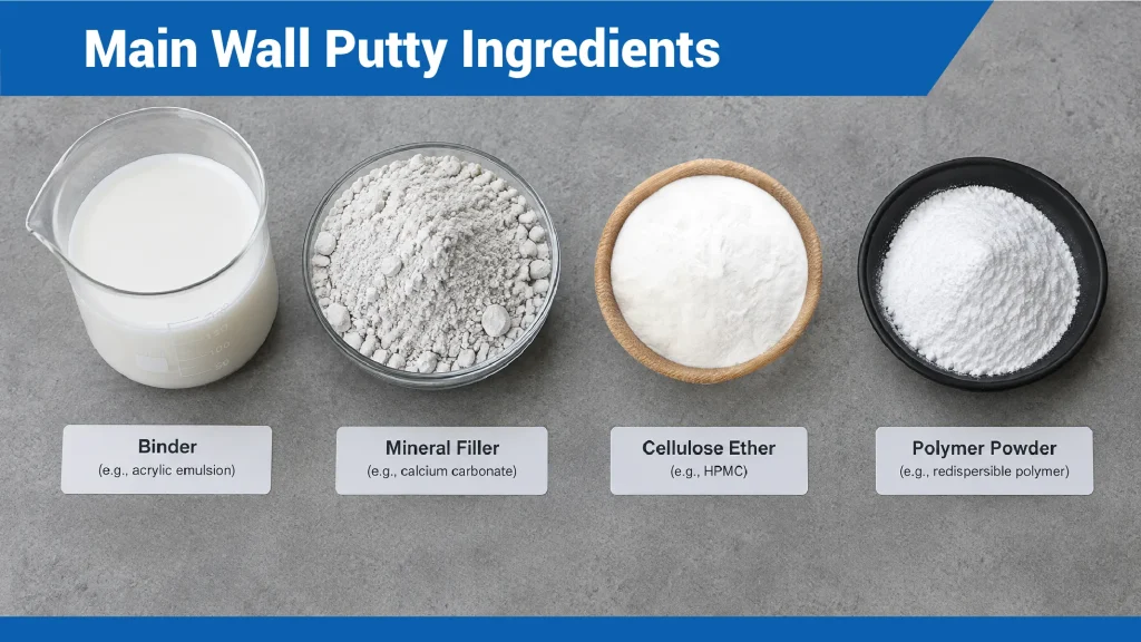 Binder, mineral filler, cellulose ether, and polymer powder used in wall putty formulations.